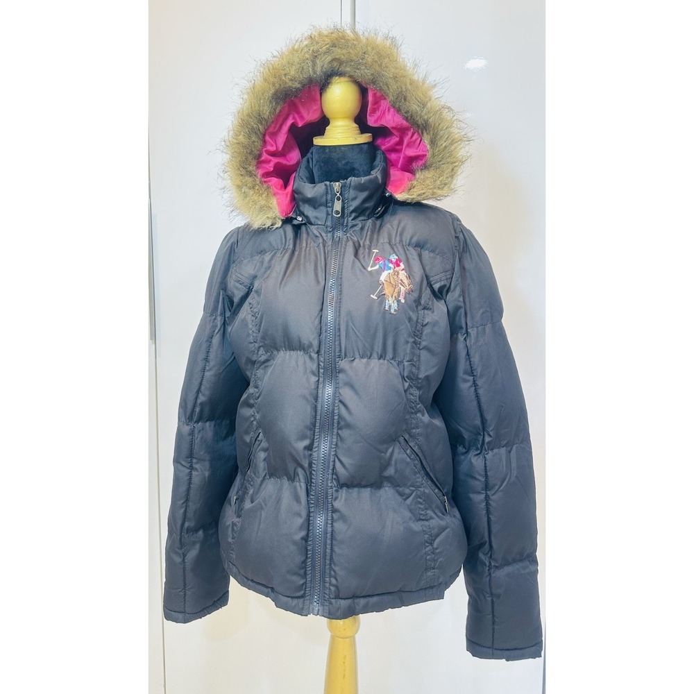 Women US Polo Assn Black Quilted Puffer Jacket Pink Logo Warm Size Youth XL
